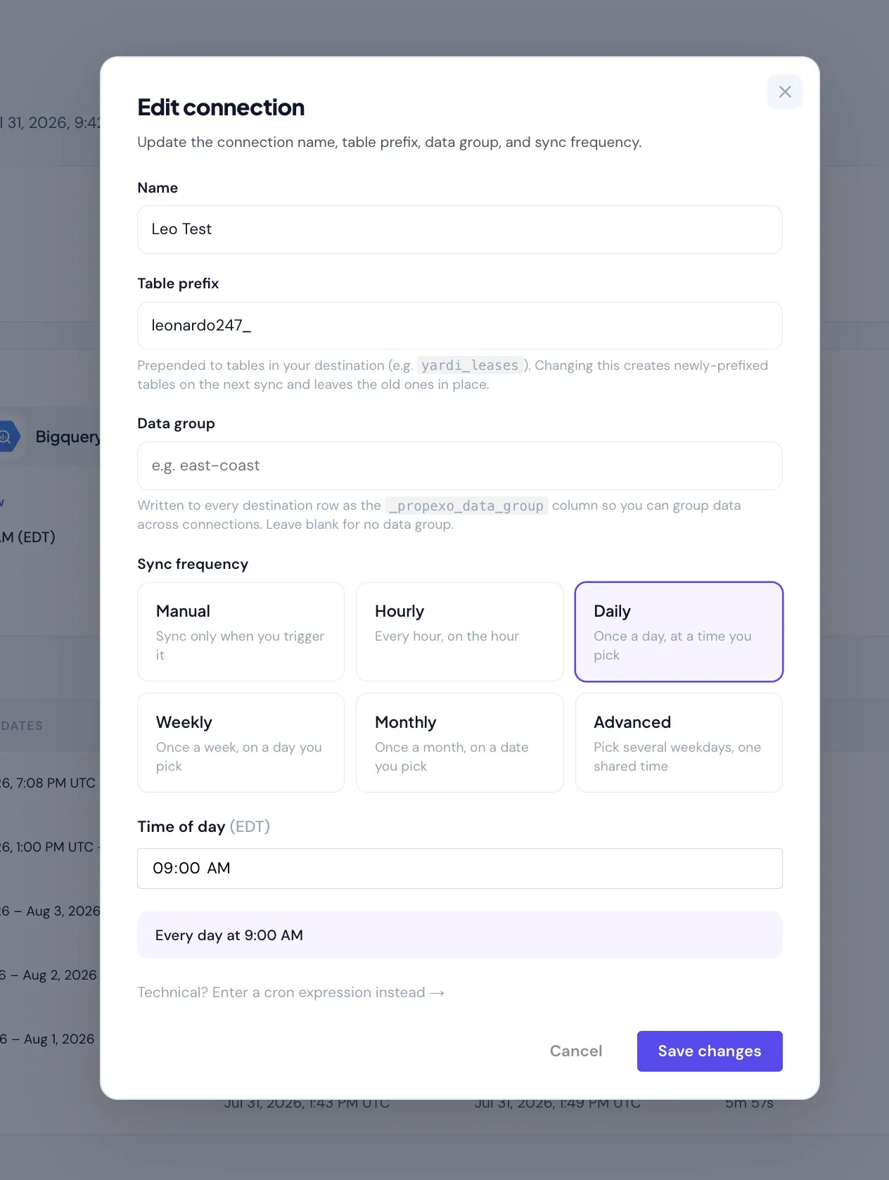 The Connect connection settings screen: connection name, table prefix, optional data group, and sync frequency options from manual through hourly, daily, weekly, monthly and advanced schedules.