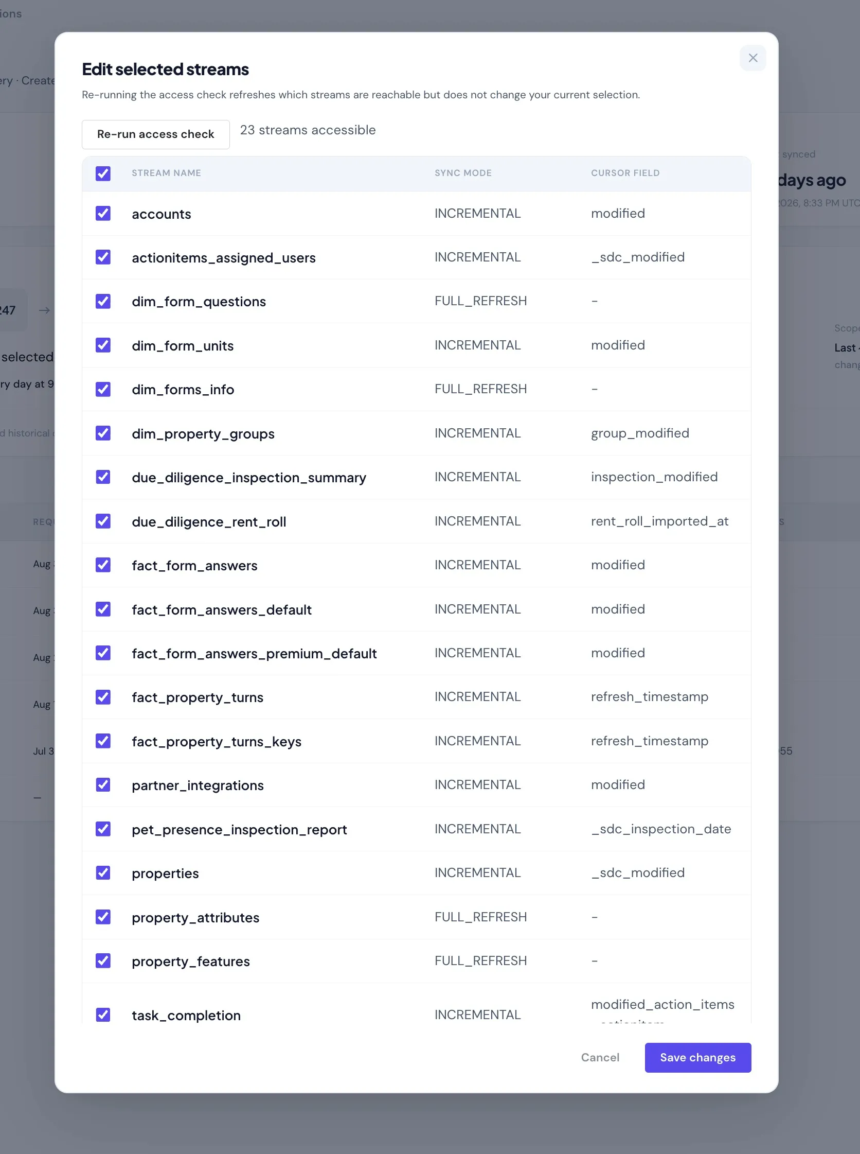 The Connect stream selection screen for one source: 23 accessible streams, each with its sync mode (incremental or full refresh) and cursor field.
