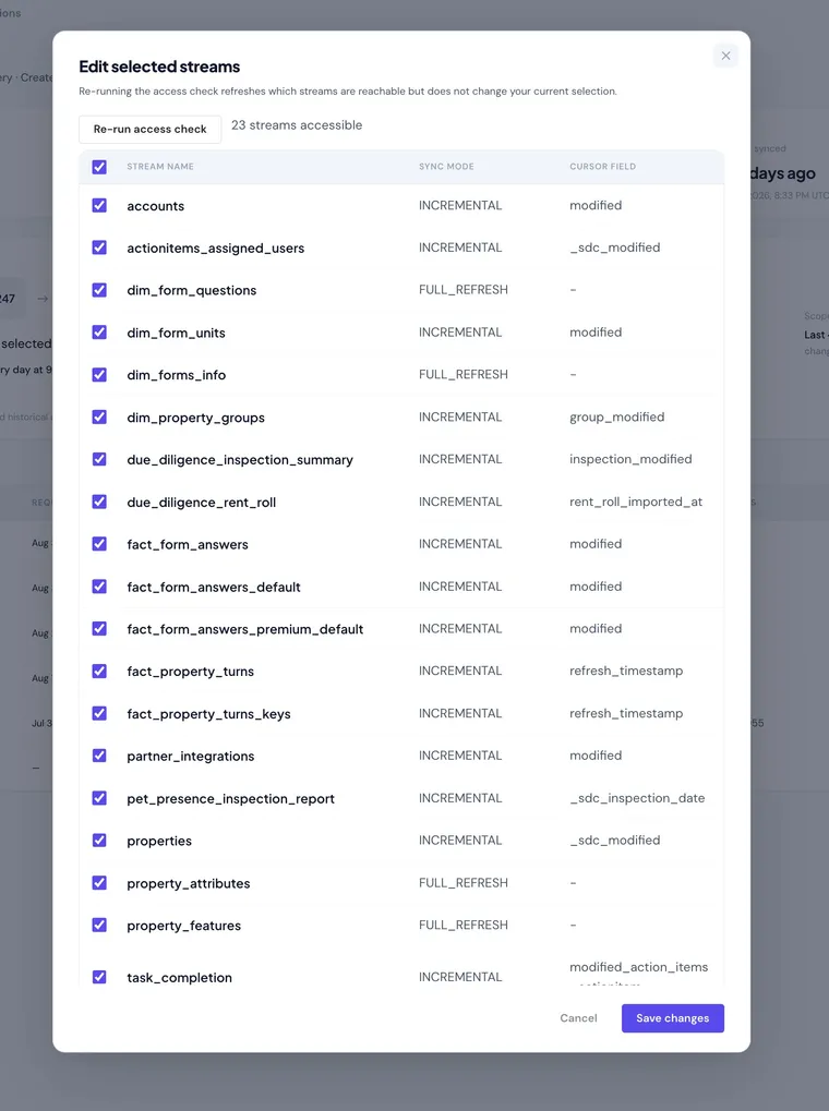 The Propexo Connect stream selection screen for one connector: 23 accessible streams such as accounts, properties, inspections and form answers, each with its sync mode (incremental or full refresh) and cursor field.